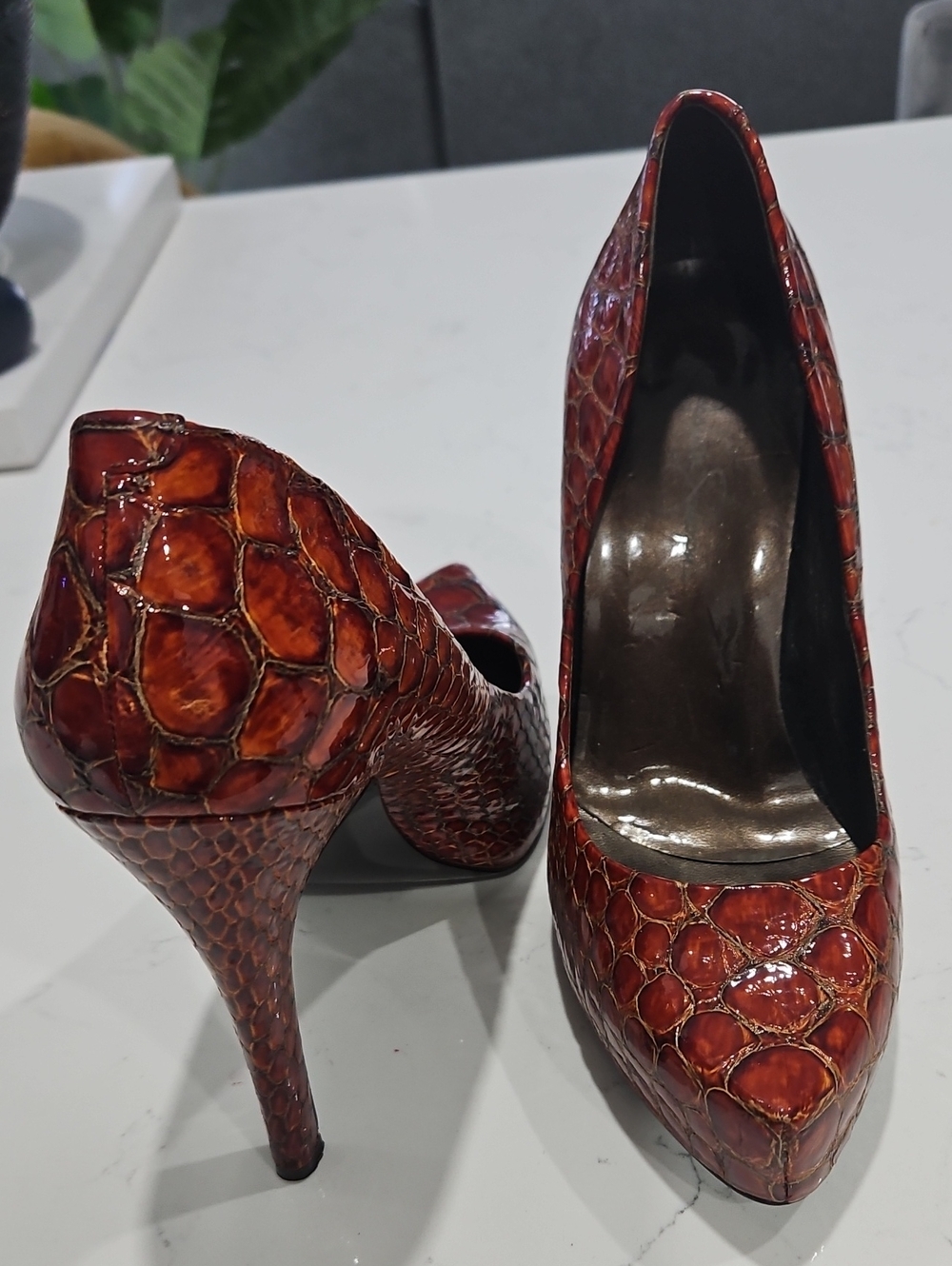 Jessica Simpson Brown/Red Croc-Embossed High Heel Pumps